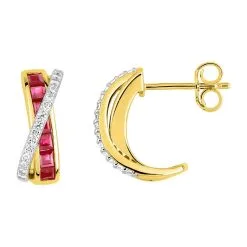 Robbez Masson Boucles D'oreilles Créoles En Or Jaune Rhodié, Rubis Et Oxydes De Zirconium