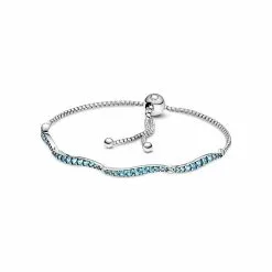 Bracelet Pandora Coulissant Vagues Bleu En Argent Et Cristaux, Taille 23cm