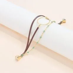 Bracelet Flowersforzoé En Cuir, Métal Doré Et Jade