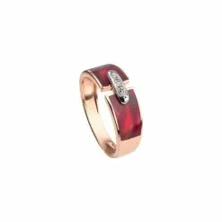 Bague Clozeau En Or Rose, Résine Rouge Et Diamants